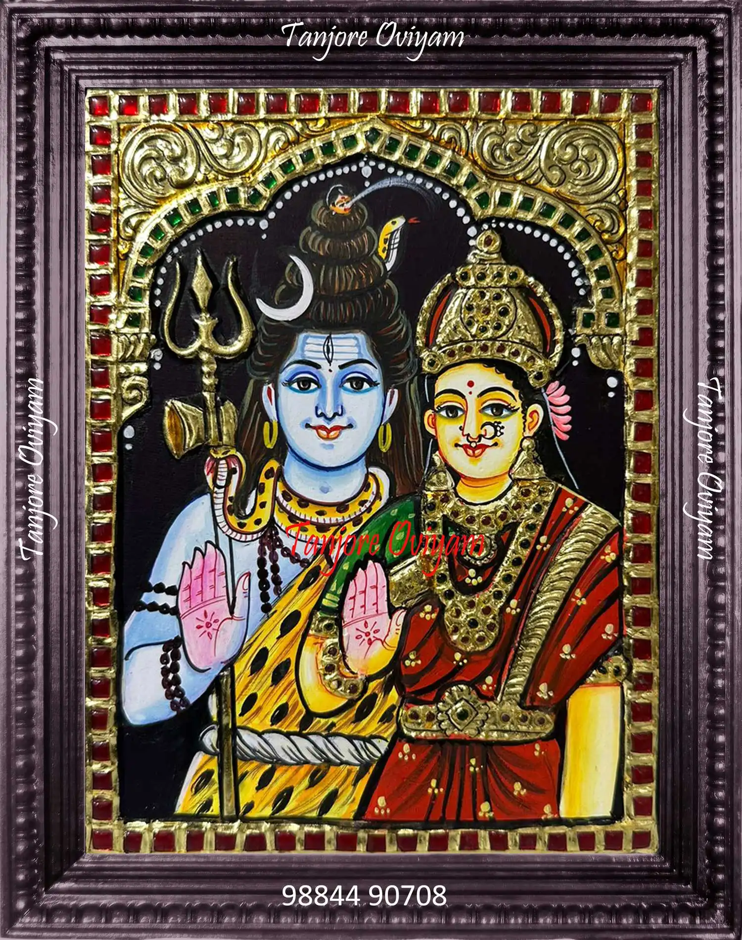 Shiva Parvathi Tanjore Painting with traditional gold foil and handcrafted detailing.
